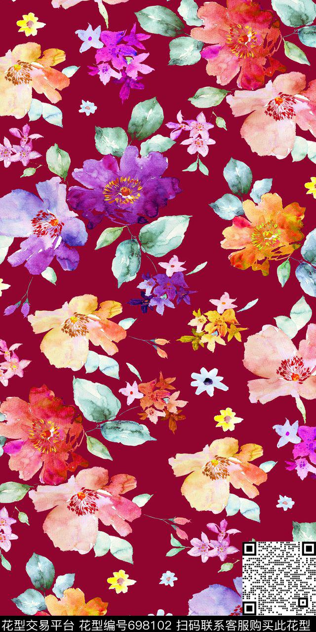 大花花朵花卉传统印花华亿平台下载（图片编号: 698102） - 瓦栏（Walan）