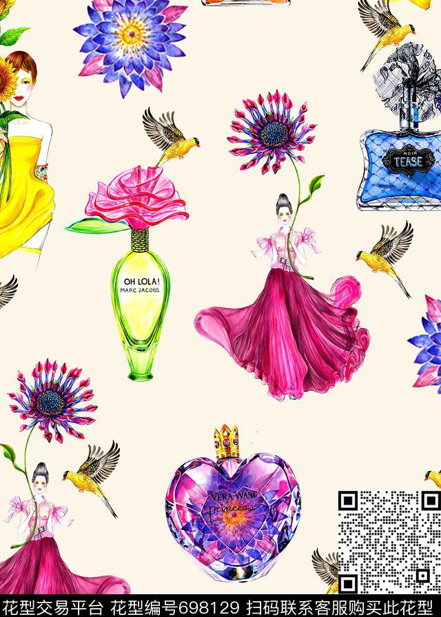 水彩人物香水瓶数码印花华亿平台下载（图片编号: 698129） - 瓦栏（Walan）