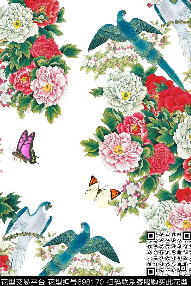 蝴蝶花鸟花卉牡丹数码印花华亿平台下载（图片编号: 698170） - 瓦栏（Walan）