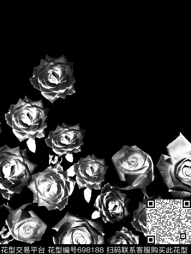 黑白花卉大牌玫瑰数码印花华亿平台下载（图片编号: 698188） - 瓦栏（Walan）