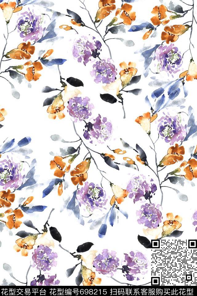 手绘满版花卉数码印花华亿平台下载（图片编号: 698215） - 瓦栏（Walan）