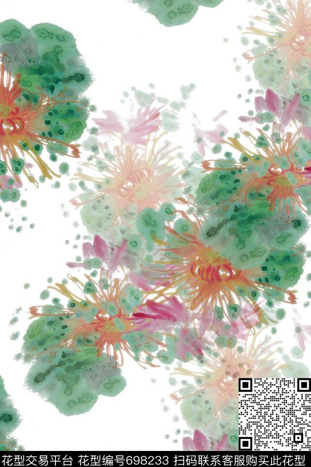 菊花手绘花朵数码印花华亿平台下载（图片编号: 698233） - 瓦栏（Walan）