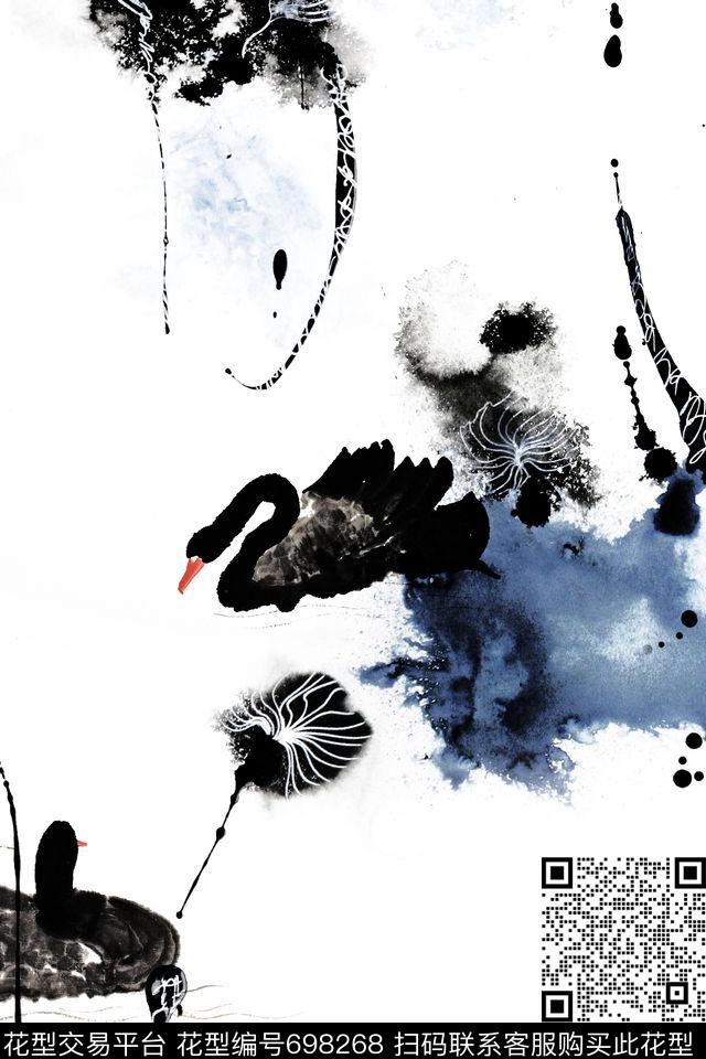 水墨天鹅手绘数码印花华亿平台下载（图片编号: 698268） - 瓦栏（Walan）
