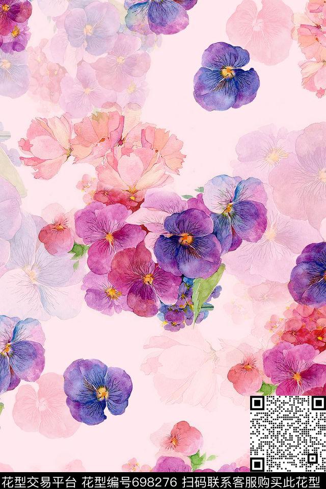 花朵流行时尚手绘花卉数码印花华亿平台下载（图片编号: 698276） - 瓦栏（Walan）