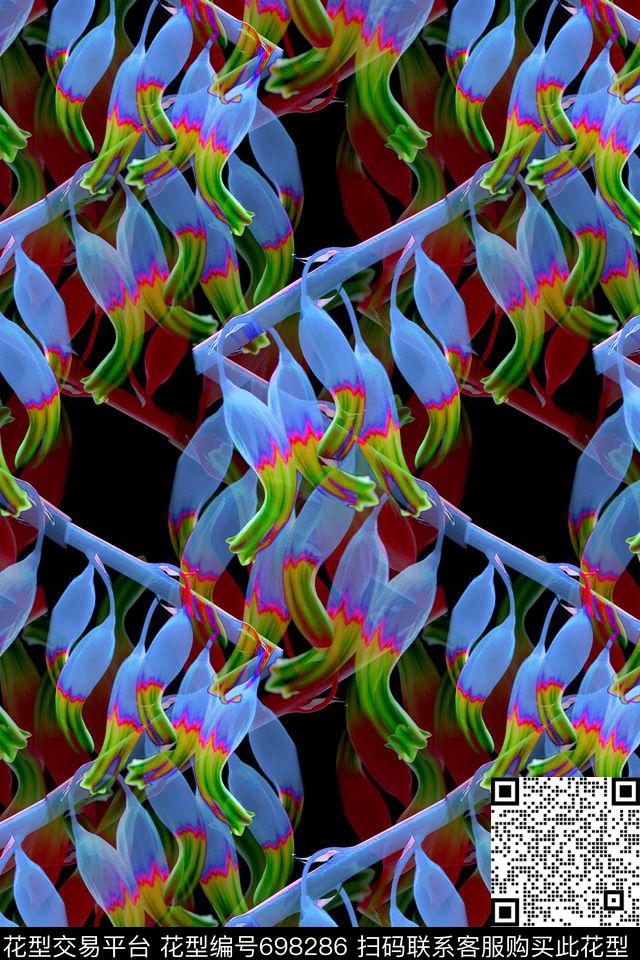 花卉青蓝雅韵植物花卉数码印花华亿平台下载（图片编号: 698286） - 瓦栏（Walan）