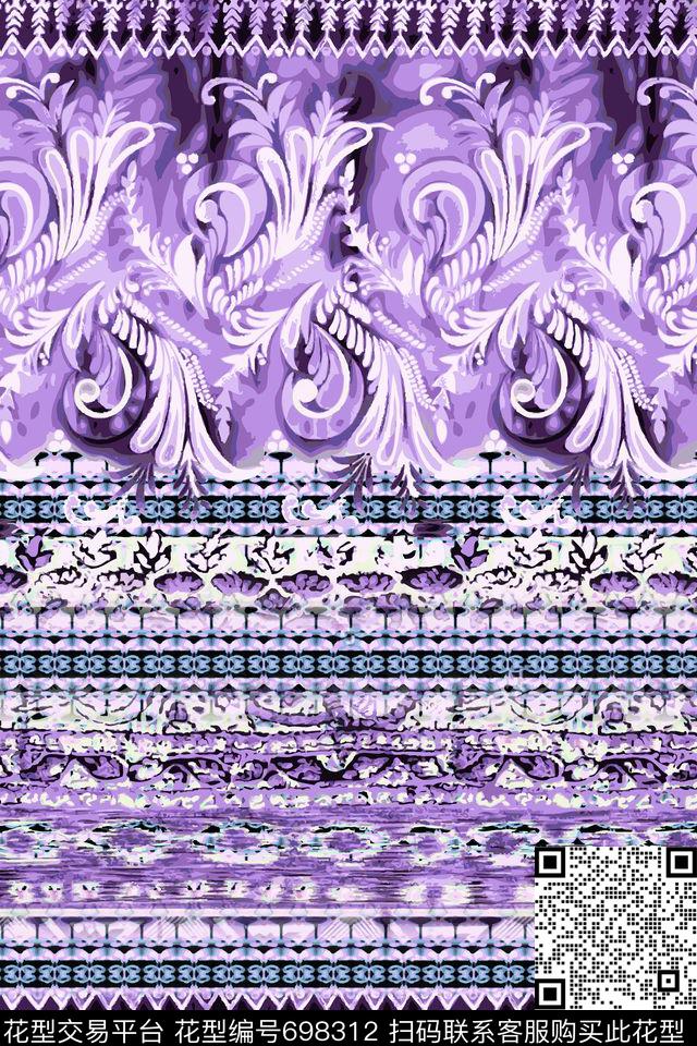 巴洛克卷草蜡染效果几何条纹数码印花华亿平台下载（图片编号: 698312） - 瓦栏（Walan）