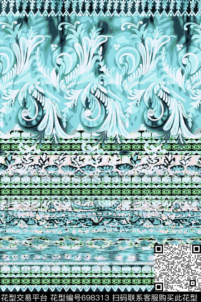 巴洛克卷草蜡染效果几何条纹数码印花华亿平台下载（图片编号: 698313） - 瓦栏（Walan）