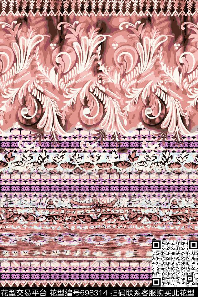 巴洛克卷草蜡染效果几何条纹数码印花华亿平台下载（图片编号: 698314） - 瓦栏（Walan）