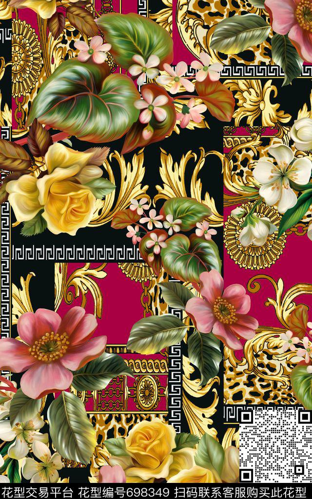 大花卉花朵方格数码印花华亿平台下载（图片编号: 698349） - 瓦栏（Walan）
