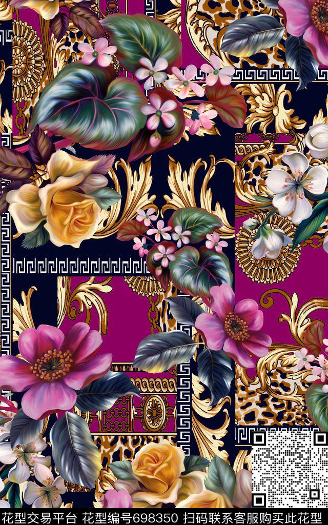 大花卉花朵方格数码印花华亿平台下载（图片编号: 698350） - 瓦栏（Walan）
