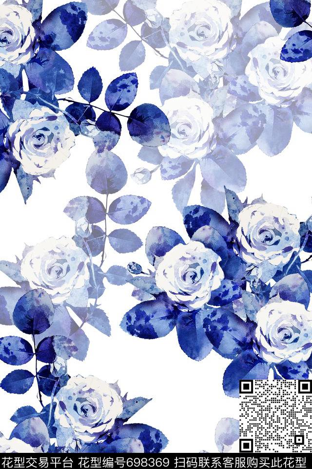 花朵水彩花卉青花数码印花华亿平台下载（图片编号: 698369） - 瓦栏（Walan）