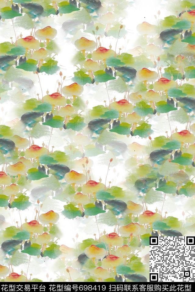 手绘国画风格蘑菇数码印花华亿平台下载（图片编号: 698419） - 瓦栏（Walan）