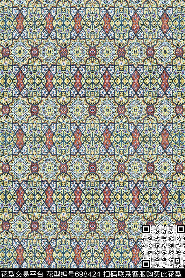 青蓝雅韵抽象图案条纹混搭数码印花华亿平台下载（图片编号: 698424） - 瓦栏（Walan）