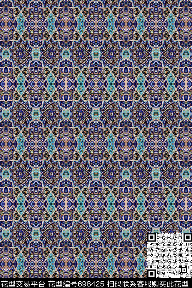青蓝雅韵抽象图案条纹混搭数码印花华亿平台下载（图片编号: 698425） - 瓦栏（Walan）