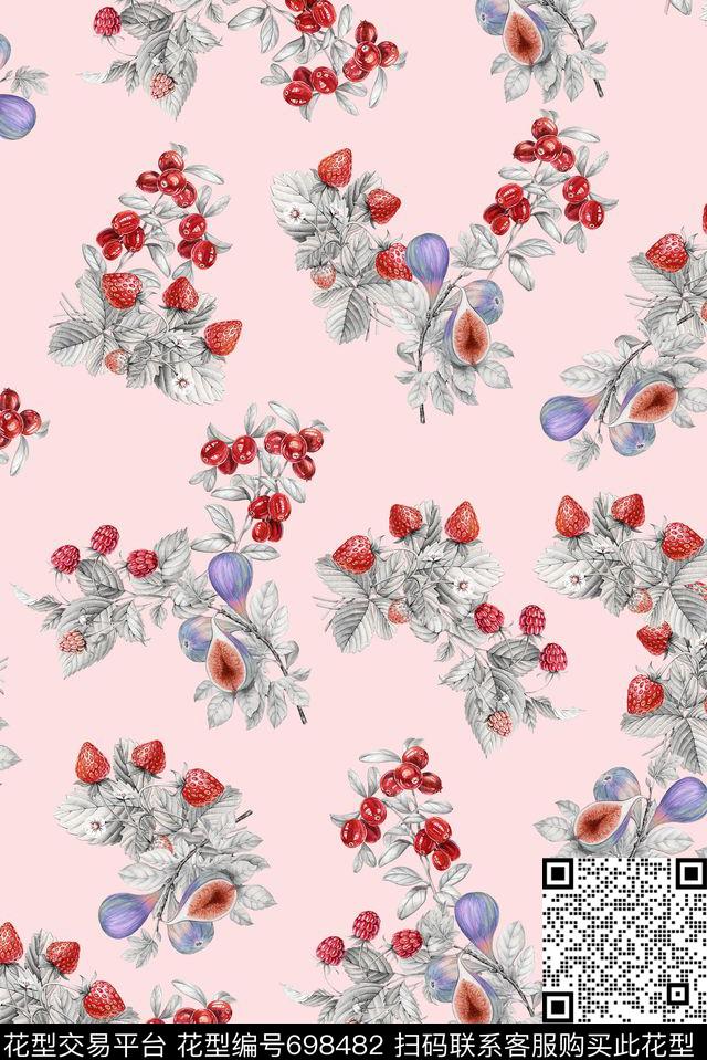 无花果草莓手绘数码印花华亿平台下载（图片编号: 698482） - 瓦栏（Walan）