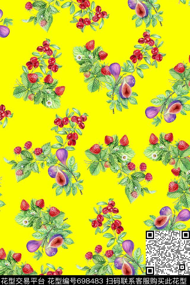 无花果草莓手绘数码印花华亿平台下载（图片编号: 698483） - 瓦栏（Walan）