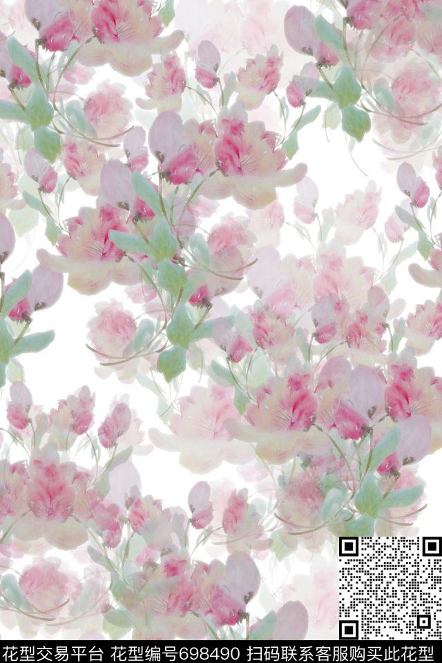 手绘国画风格花朵数码印花华亿平台下载（图片编号: 698490） - 瓦栏（Walan）
