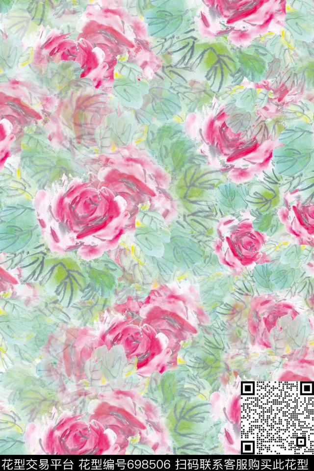 玫瑰手绘国画风格数码印花华亿平台下载（图片编号: 698506） - 瓦栏（Walan）