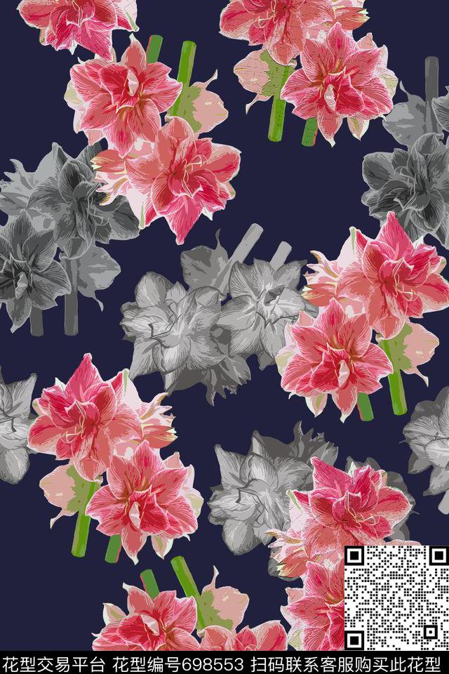 大花青蓝雅韵植物花卉数码印花华亿平台下载（图片编号: 698553） - 瓦栏（Walan）