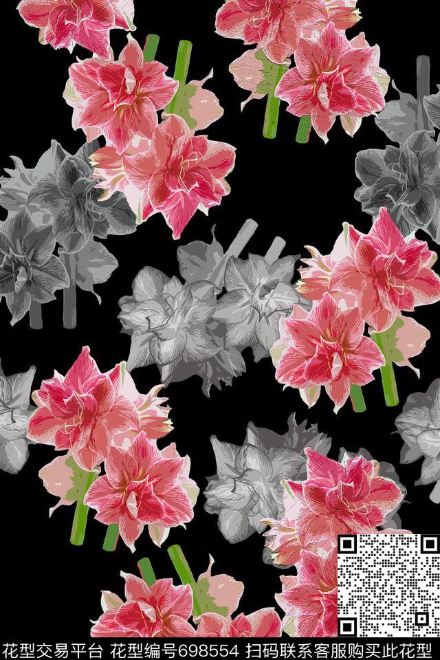 大花青蓝雅韵植物花卉数码印花华亿平台下载（图片编号: 698554） - 瓦栏（Walan）