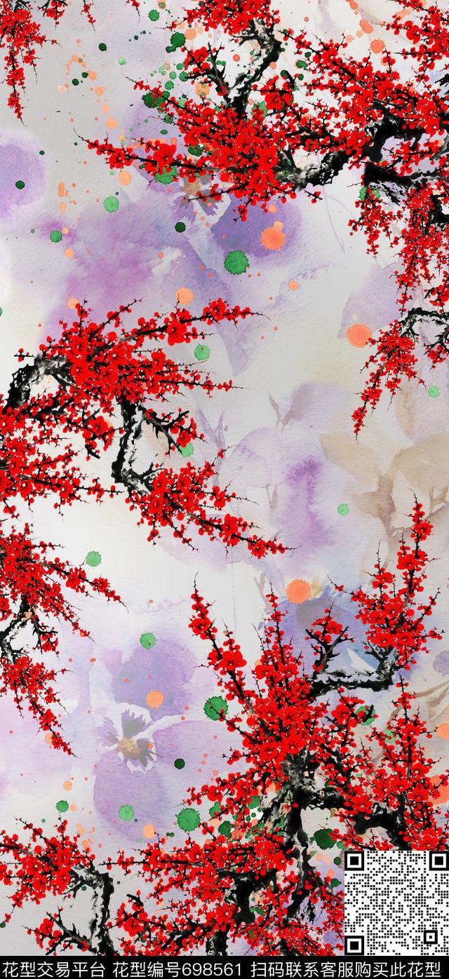 中国风梅花泼墨数码印花华亿平台下载（图片编号: 698561） - 瓦栏（Walan）