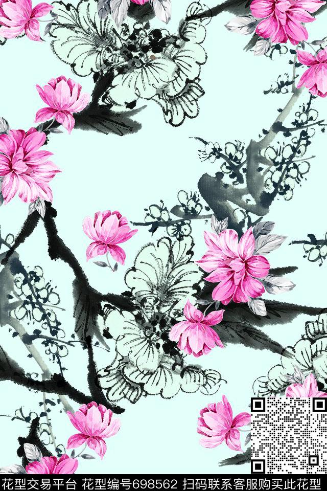 写意梅花中国风花卉数码印花华亿平台下载（图片编号: 698562） - 瓦栏（Walan）