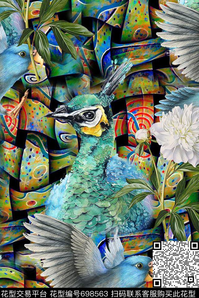 手绘抽象几何油画数码印花手绘动物孔雀鸟印花时尚潮流女装裙子花卉印花数码印花华亿平台下载（图片编号: 698563） - 瓦栏（Walan）