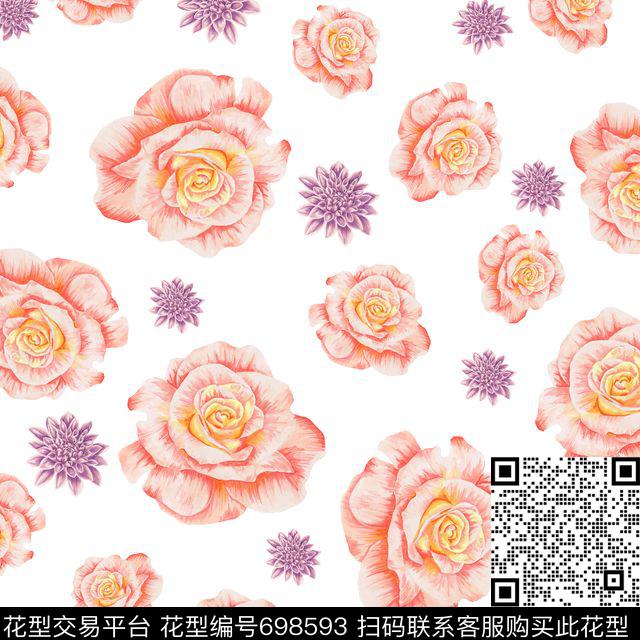 雏菊玫瑰花朵数码印花华亿平台下载（图片编号: 698593） - 瓦栏（Walan）
