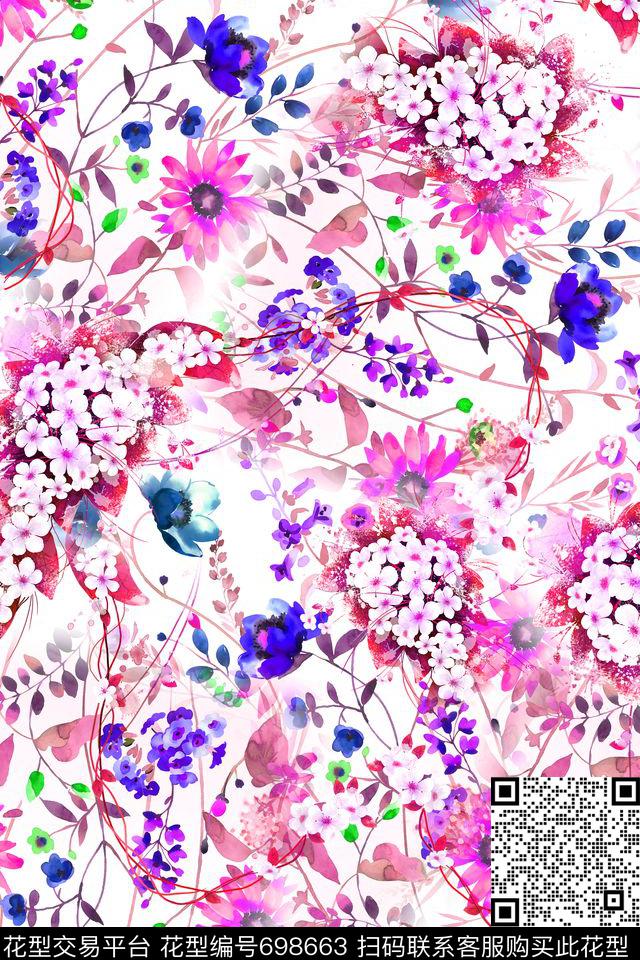 油画花卉小花数码印花华亿平台下载（图片编号: 698663） - 瓦栏（Walan）