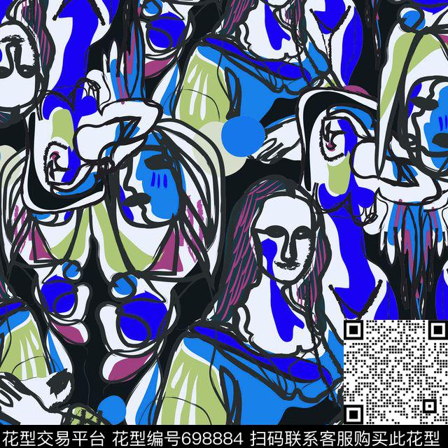 抽象人像毕加索涂鸦风格人物数码印花华亿平台下载（图片编号: 698884） - 瓦栏（Walan）