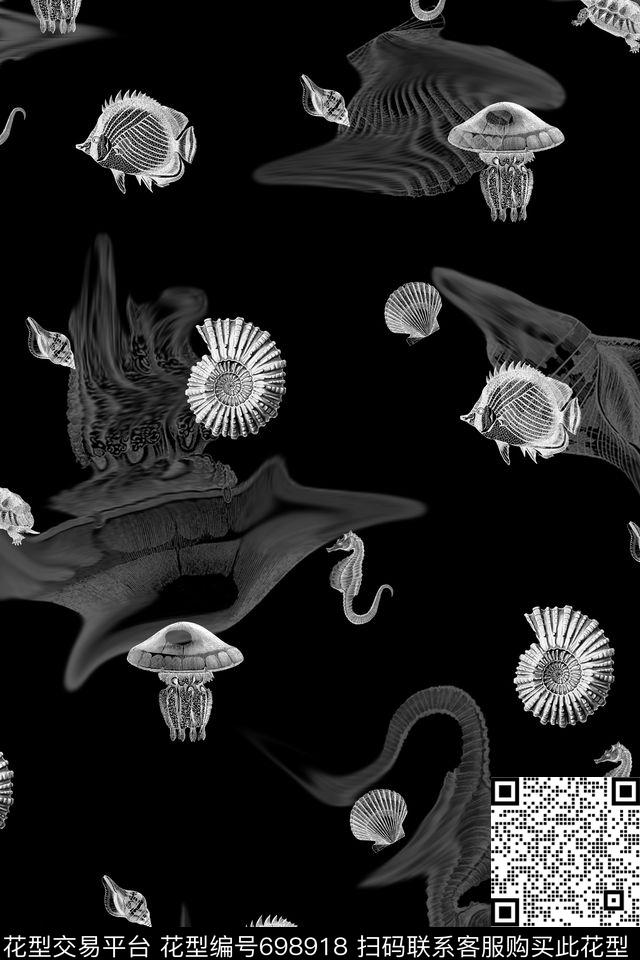 黑白海底动物抽象数码印花华亿平台下载（图片编号: 698918） - 瓦栏（Walan）
