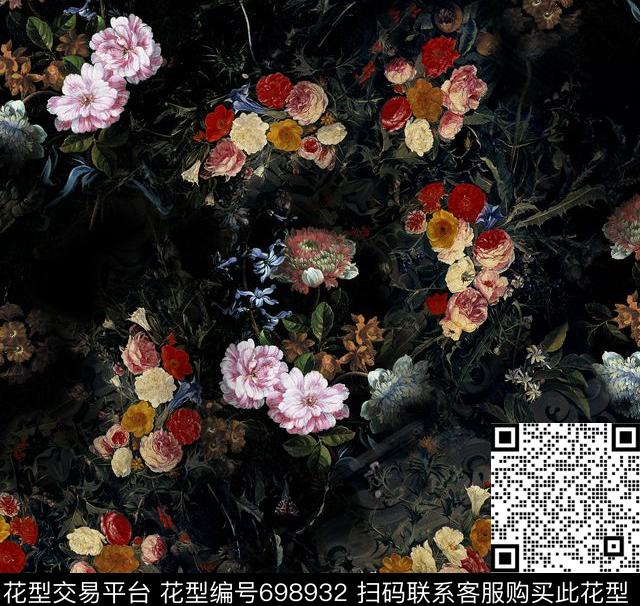 复古油画玫瑰花卉欧式复古奢华宫廷风花卉数码印花华亿平台下载（图片编号: 698932） - 瓦栏（Walan）