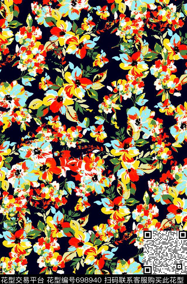 大花花朵花卉传统印花华亿平台下载（图片编号: 698940） - 瓦栏（Walan）