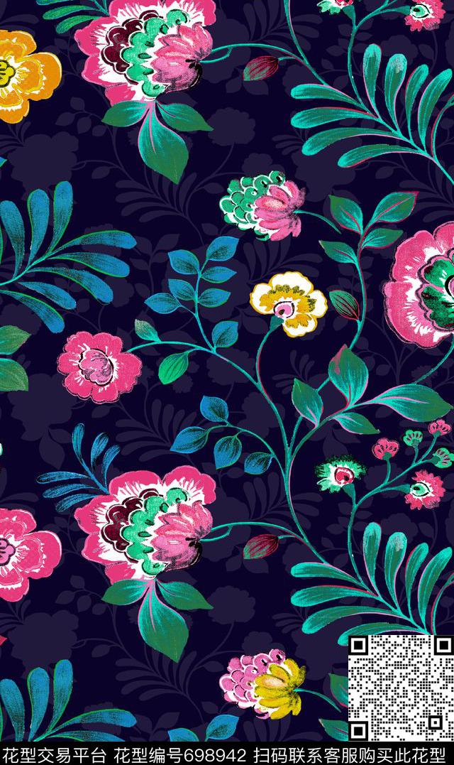 花朵植物花卉传统印花华亿平台下载（图片编号: 698942） - 瓦栏（Walan）
