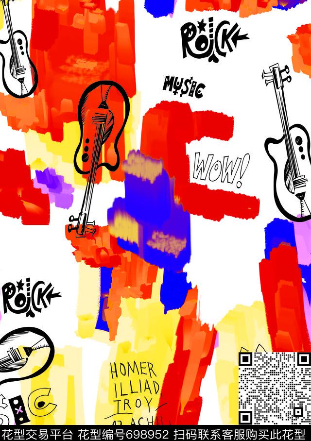 插画吉他手绘数码印花华亿平台下载（图片编号: 698952） - 瓦栏（Walan）
