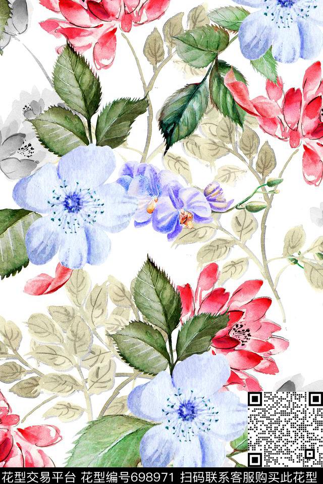原创手绘水彩花卉手绘数码印花华亿平台下载（图片编号: 698971） - 瓦栏（Walan）