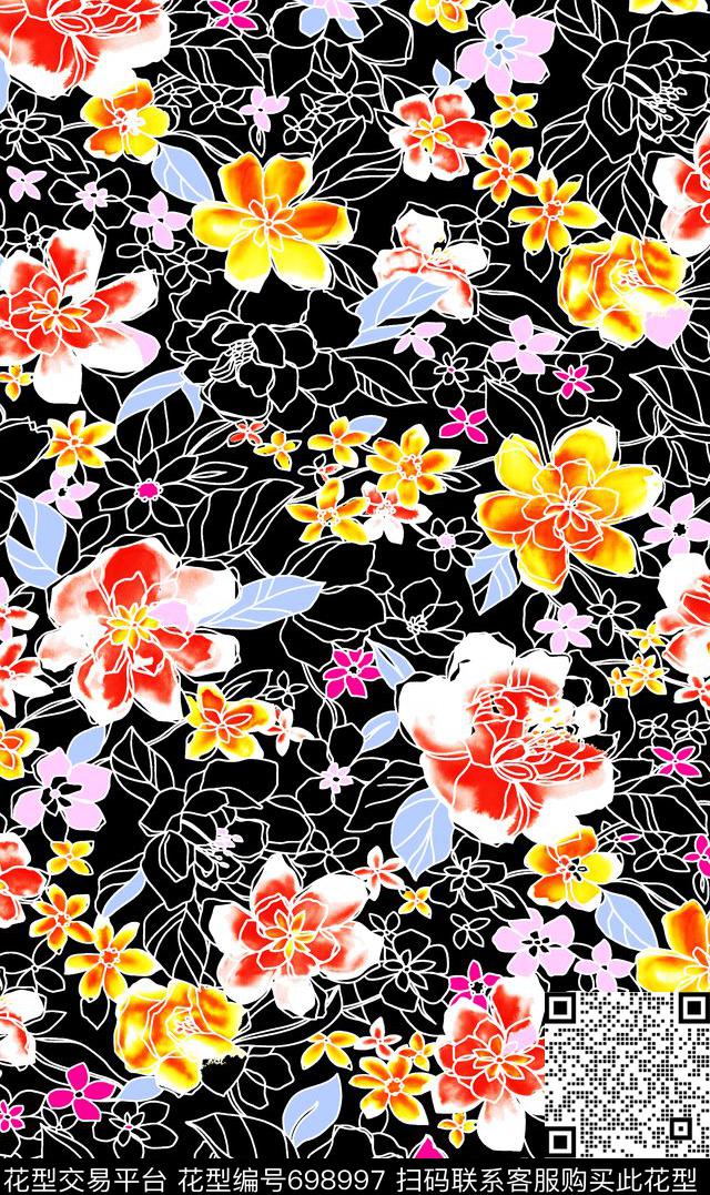 大花花朵花卉传统印花华亿平台下载（图片编号: 698997） - 瓦栏（Walan）