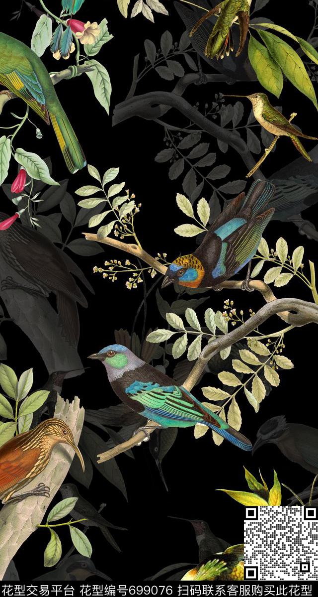 鸟工笔花鸟黑底花卉数码印花华亿平台下载（图片编号: 699076） - 瓦栏（Walan）