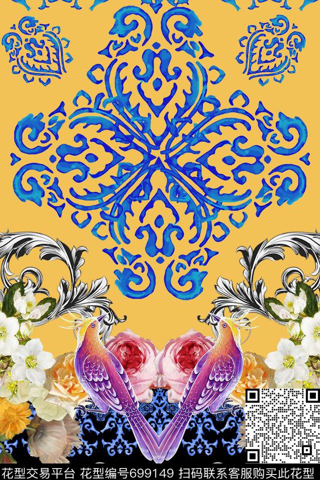 巴洛克卷草油画花卉青花数码印花华亿平台下载（图片编号: 699149） - 瓦栏（Walan）