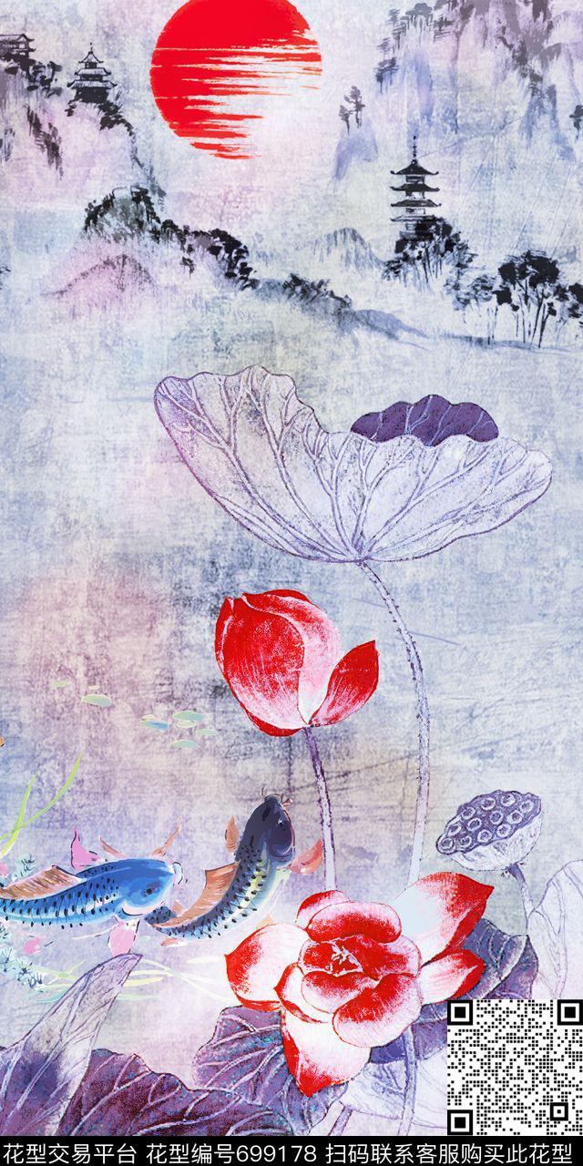 荷花荷叶鱼数码印花华亿平台下载（图片编号: 699178） - 瓦栏（Walan）