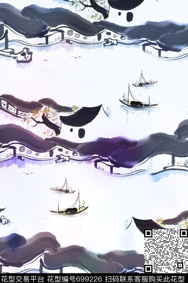 中国风乌篷船国画数码印花华亿平台下载（图片编号: 699226） - 瓦栏（Walan）