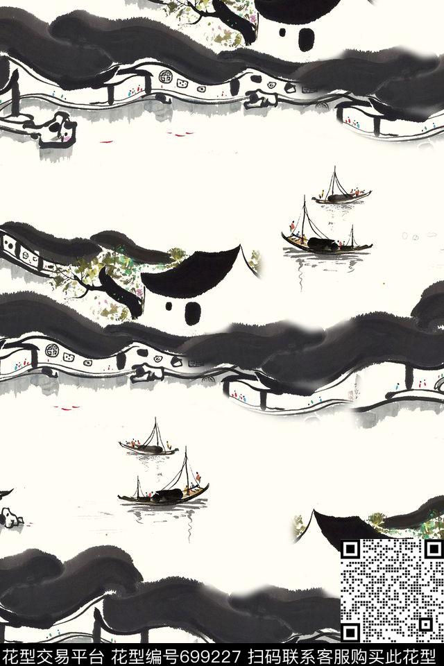 中国风乌篷船国画数码印花华亿平台下载（图片编号: 699227） - 瓦栏（Walan）