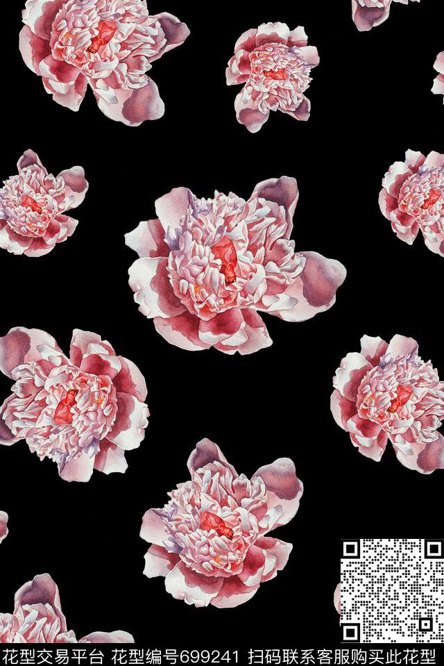 手绘花朵绽放数码印花华亿平台下载（图片编号: 699241） - 瓦栏（Walan）
