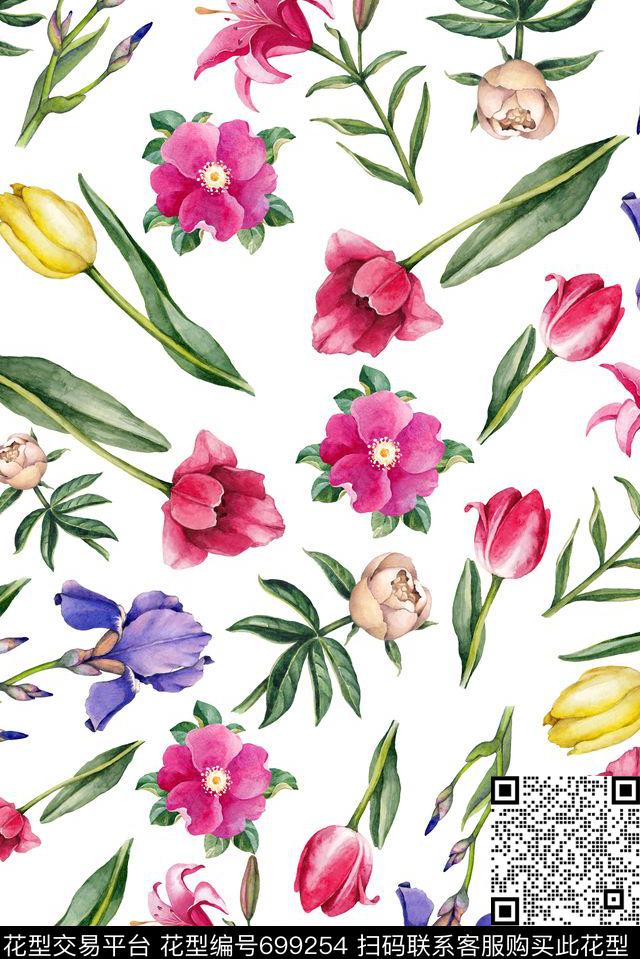 手绘小碎花郁金香数码印花华亿平台下载（图片编号: 699254） - 瓦栏（Walan）