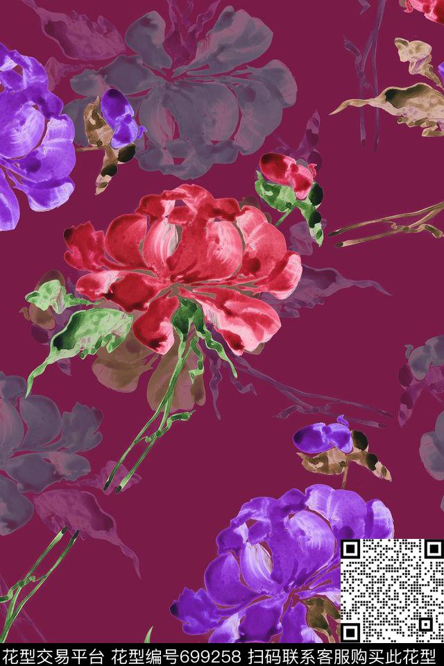 手绘花卉艺术数码印花华亿平台下载（图片编号: 699258） - 瓦栏（Walan）