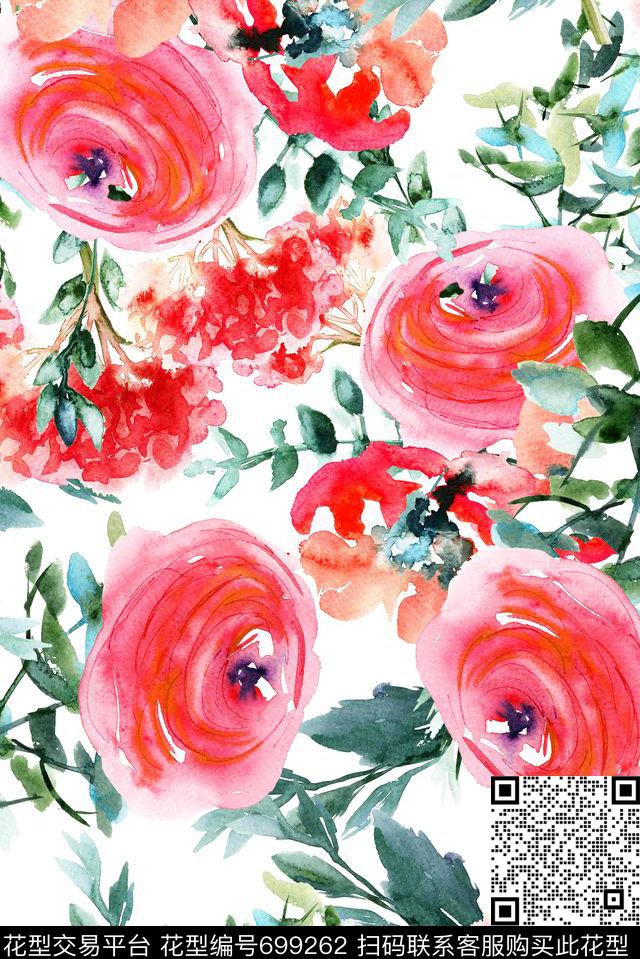 手绘水彩花卉数码印花华亿平台下载（图片编号: 699262） - 瓦栏（Walan）
