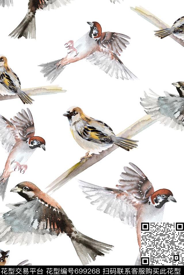 手绘可爱鸟类数码印花华亿平台下载（图片编号: 699268） - 瓦栏（Walan）
