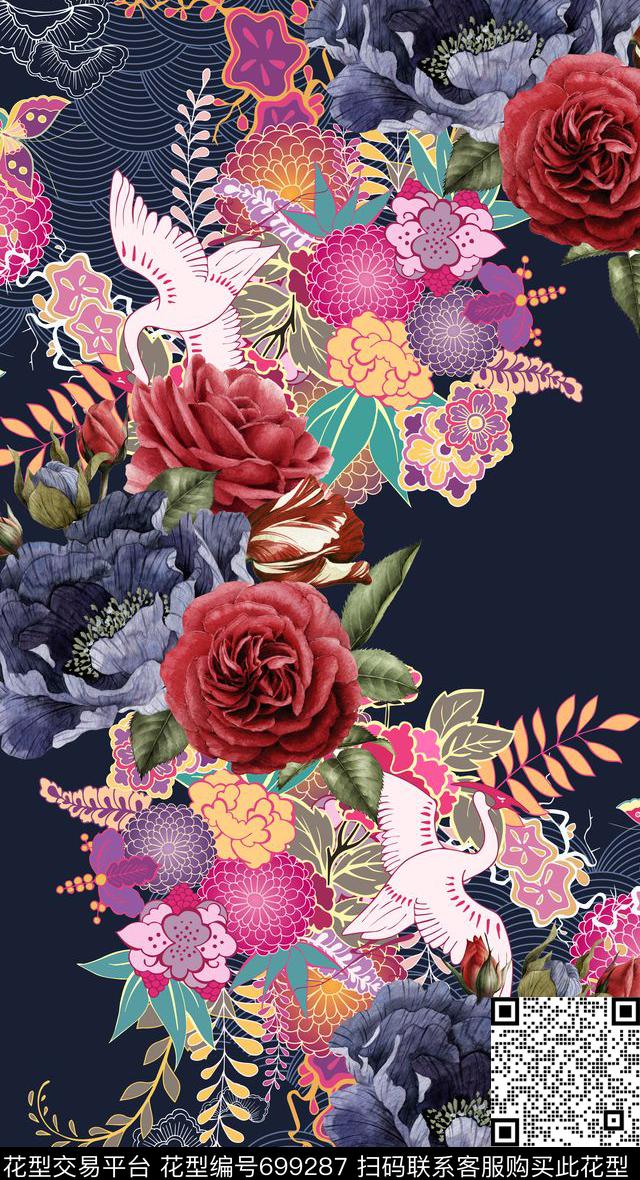 定位日式仙鹤数码印花华亿平台下载（图片编号: 699287） - 瓦栏（Walan）