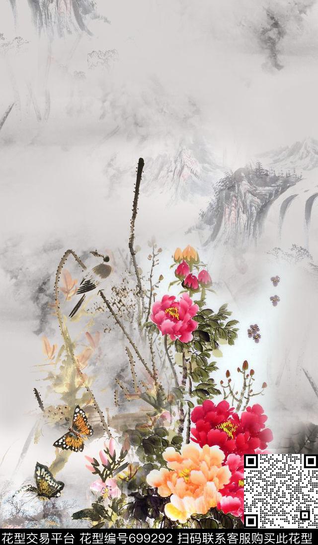 山川风景水墨数码印花华亿平台下载（图片编号: 699292） - 瓦栏（Walan）