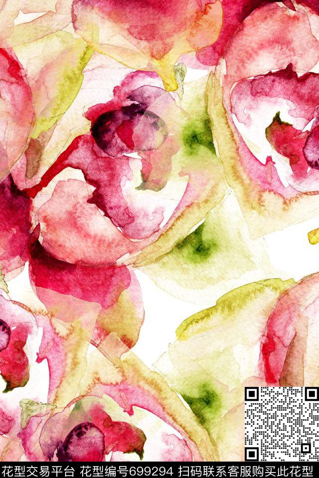 手绘大朵水彩数码印花华亿平台下载（图片编号: 699294） - 瓦栏（Walan）